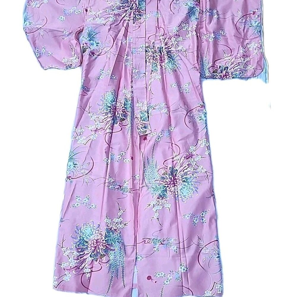 FP in Tokyo Pink Floral Long Tall Belted Kimono Geisha Robe Traditional Attire
